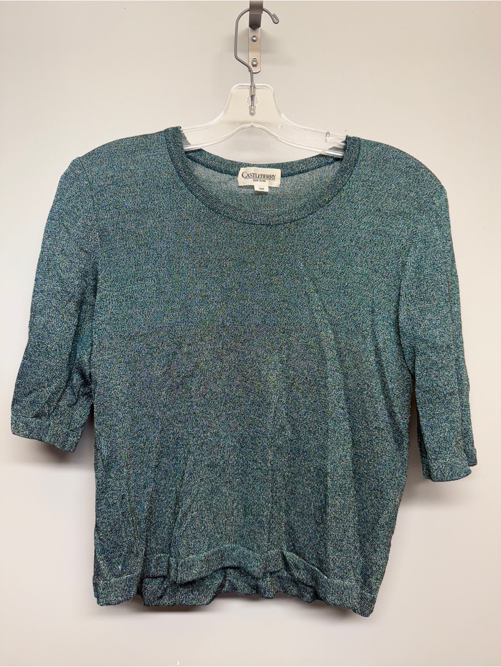Vintage Castleberry New York Shimmer Metallic Lurex Teal Short Sleeve Knit Top